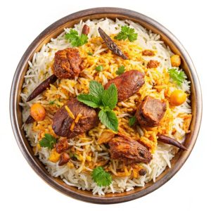 Hyderabadi,Biryani,With,Layered,Basmati,Rice,And,Marinated,Meat,,Top